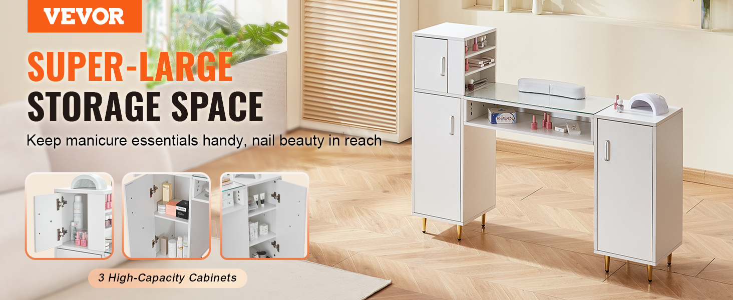 VEVOR manicure table with super-large storage space, 3 high-capacity cabinets for nail essentials.