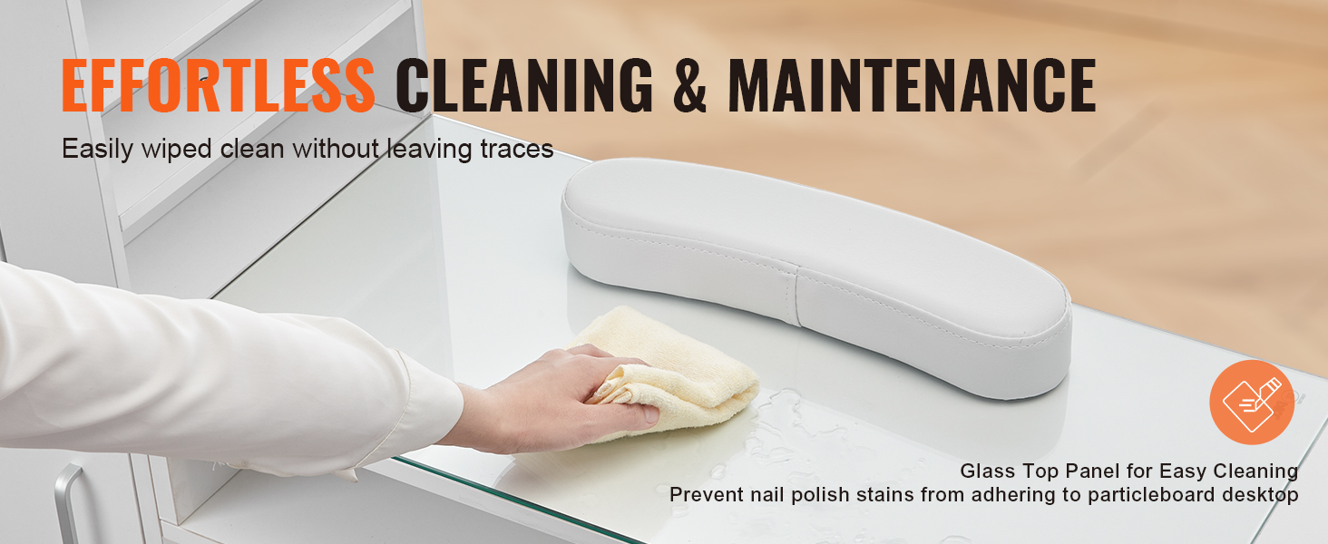 effortlessly clean VEVOR manicure table with glass top and white armrest cushion, wiping with cloth.