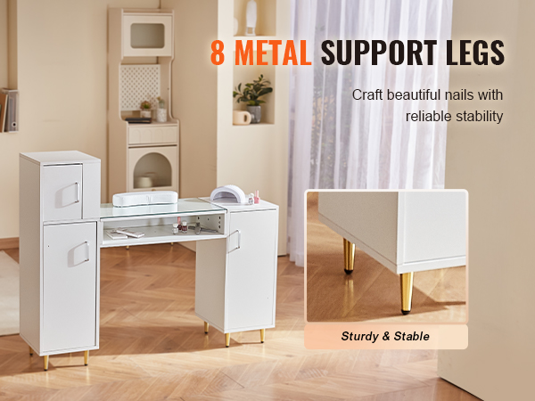 VEVOR manicure table with 8 metal legs, white design, sturdy and stable for nail salons.