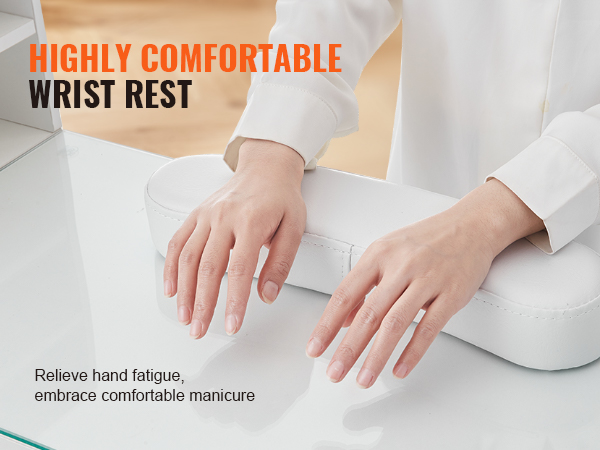 hands resting on a comfortable wrist support for the VEVOR manicure table.