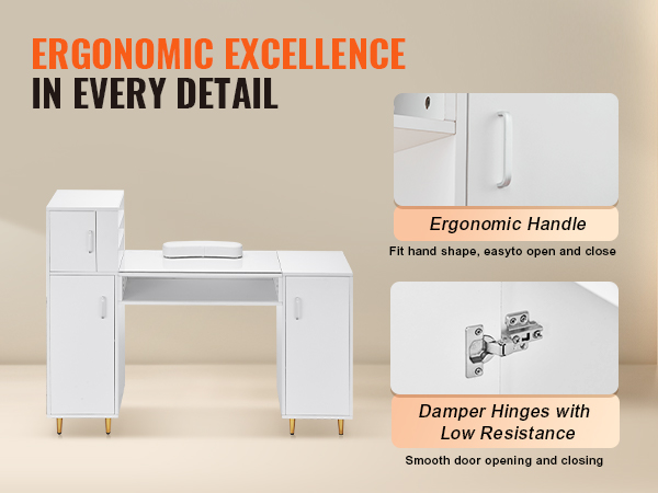 VEVOR manicure table with ergonomic handle, soft-close hinges, and ample storage for salon use.