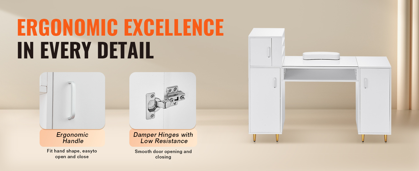 VEVOR manicure table with ergonomic handle, soft-close hinges, and ample storage for salon use.