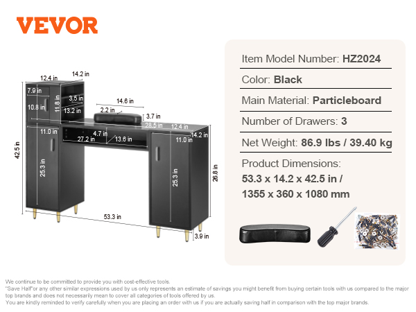 VEVOR manicure table hz2024 in black with three drawers, wrist rest, screws, and screwdriver included.