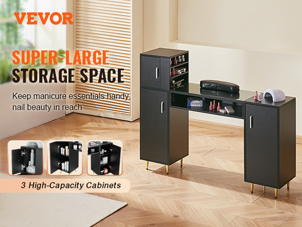 super-large storage capacity VEVOR manicure table with high-capacity cabinets for manicure essentials.