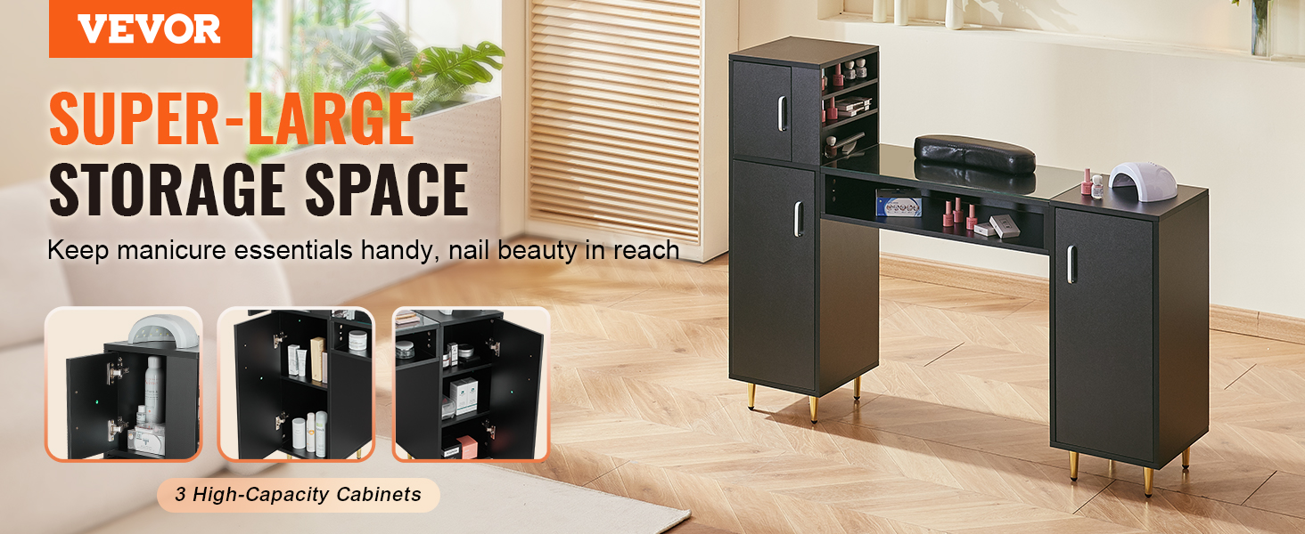 super-large storage capacity VEVOR manicure table with high-capacity cabinets for manicure essentials.