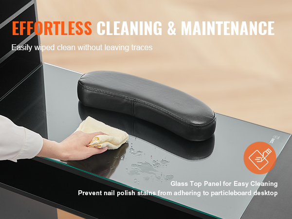 black VEVOR manicure table being wiped clean with a cloth, highlighting effortless cleaning and maintenance.
