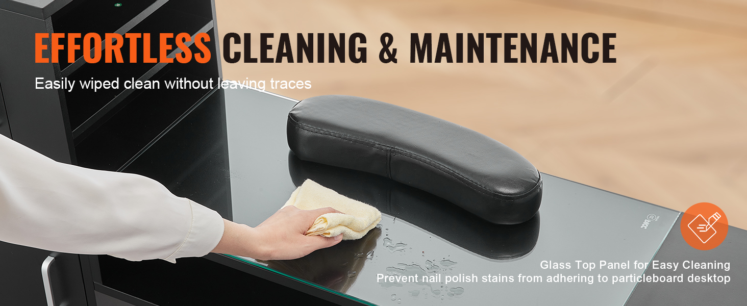 black VEVOR manicure table being wiped clean with a cloth, highlighting effortless cleaning and maintenance.
