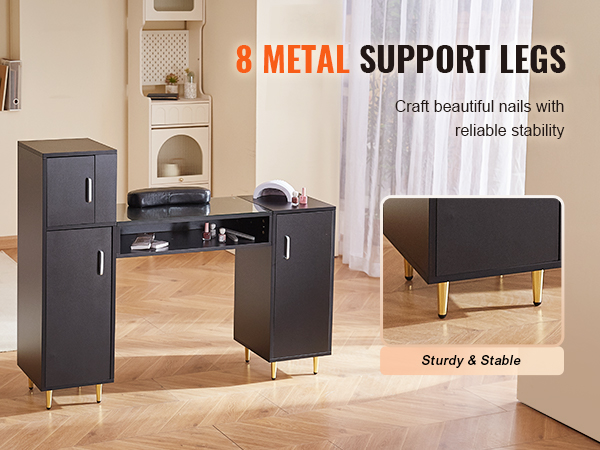 VEVOR manicure table with 8 metal support legs, storage cabinets, and a sleek black design.