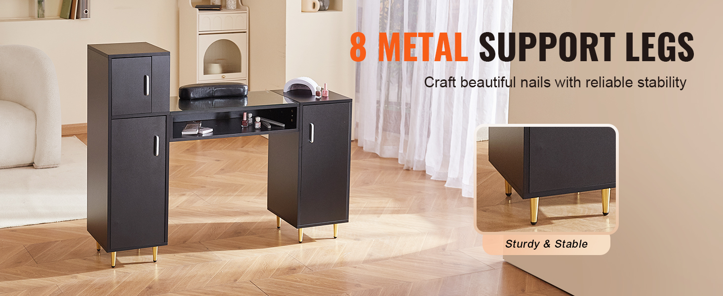 VEVOR manicure table with 8 metal support legs, storage cabinets, and a sleek black design.