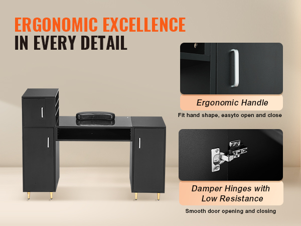 VEVOR manicure table with ergonomic handle and low resistance damper hinges for smooth operation.