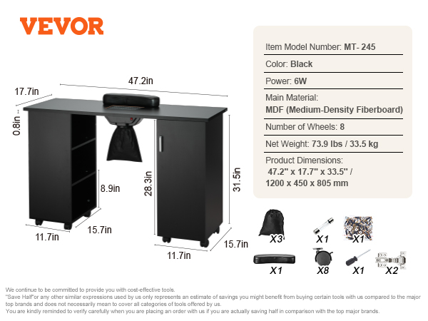 VEVOR manicure table model mt-245 with accessories, black mdf, 8 wheels, 6w power, 47.2"x17.7"x33.5"