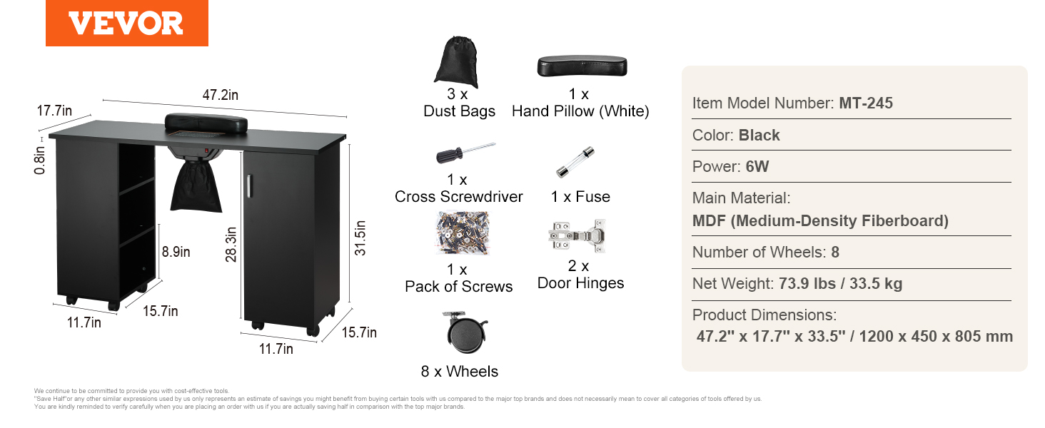 VEVOR manicure table model mt-245 with accessories, black mdf, 8 wheels, 6w power, 47.2"x17.7"x33.5"