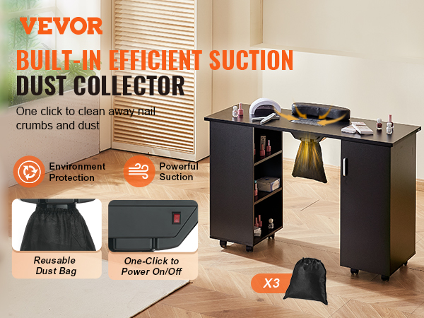 VEVOR manicure table with built-in efficient suction dust collector and reusable dust bag.