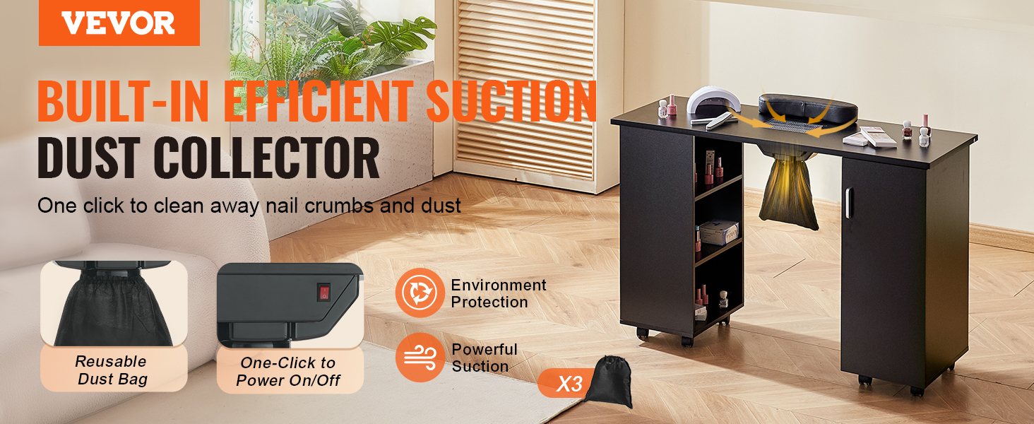 VEVOR manicure table with built-in efficient suction dust collector and reusable dust bag.