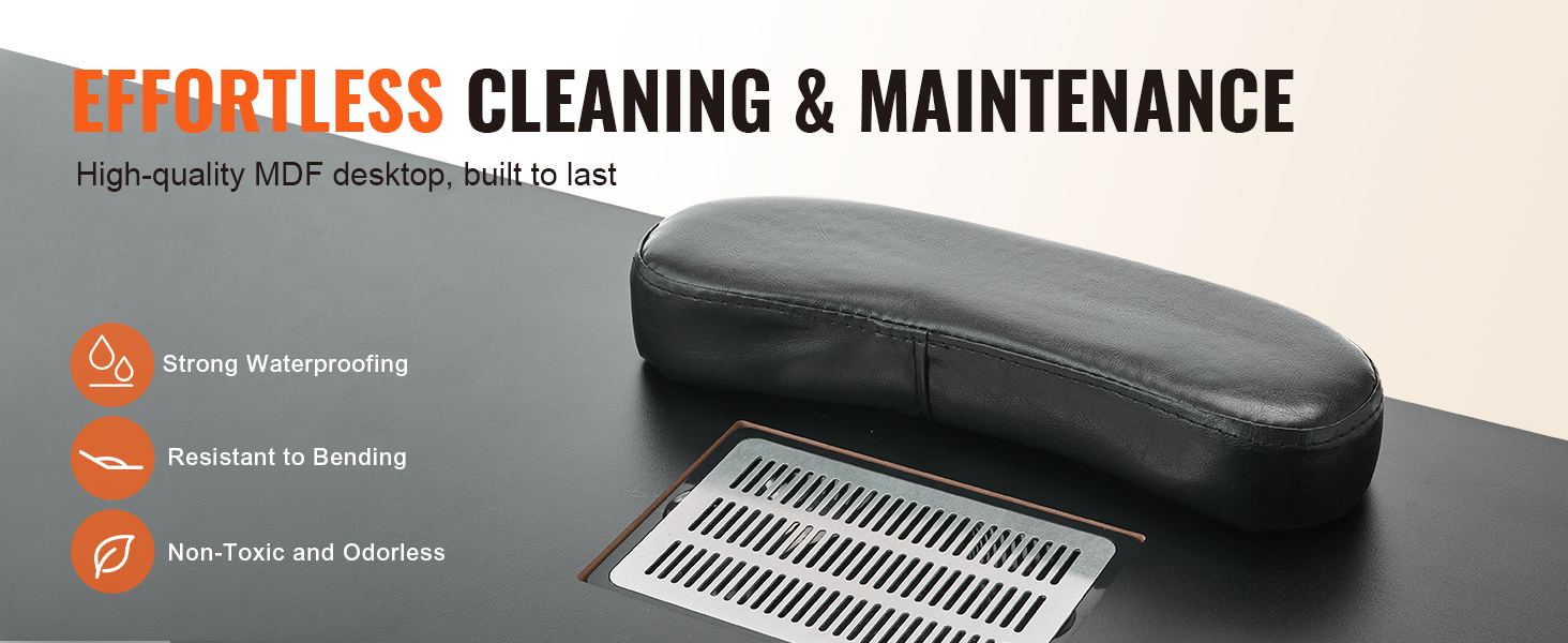 effortless cleaning and maintenance with VEVOR manicure table, high-quality mdf desktop, waterproof, and non-toxic.