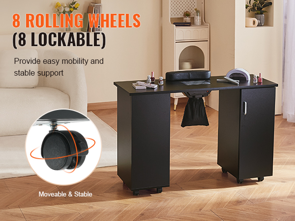 VEVOR manicure table with 8 lockable rolling wheels for easy mobility and stable support in a cozy room.