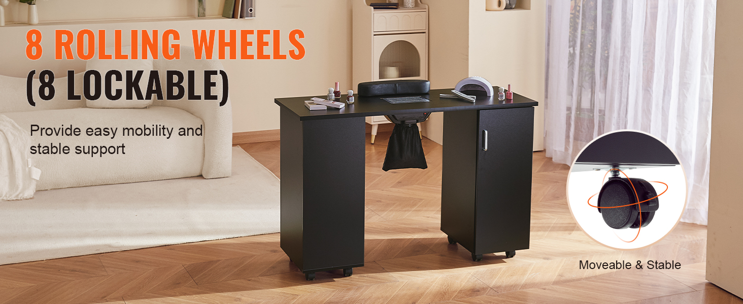 VEVOR manicure table with 8 lockable rolling wheels for easy mobility and stable support in a cozy room.