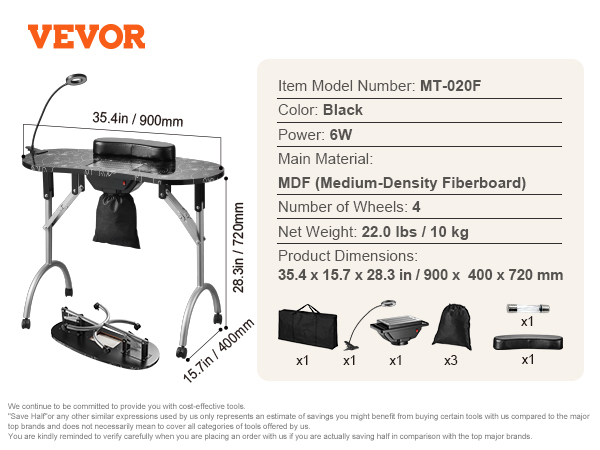 VEVOR portatīvais manikīra galds, melns, mdf materiāls, 4 riteņi, iekļauts putekļu savācējs, LED lampa, somiņa.