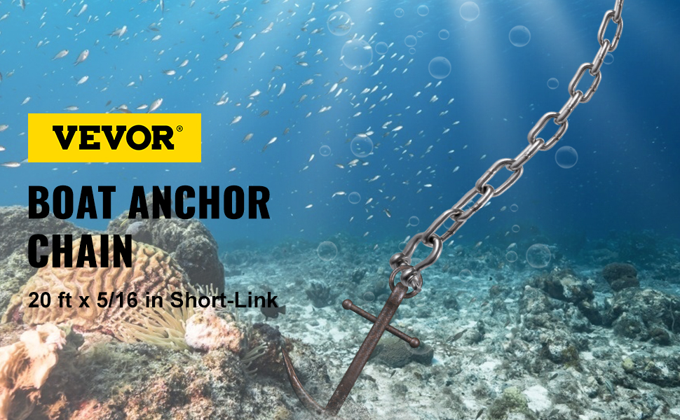 VEVOR anchor chain underwater with corrals, showcasing 20 ft x 5/16 in short-link.