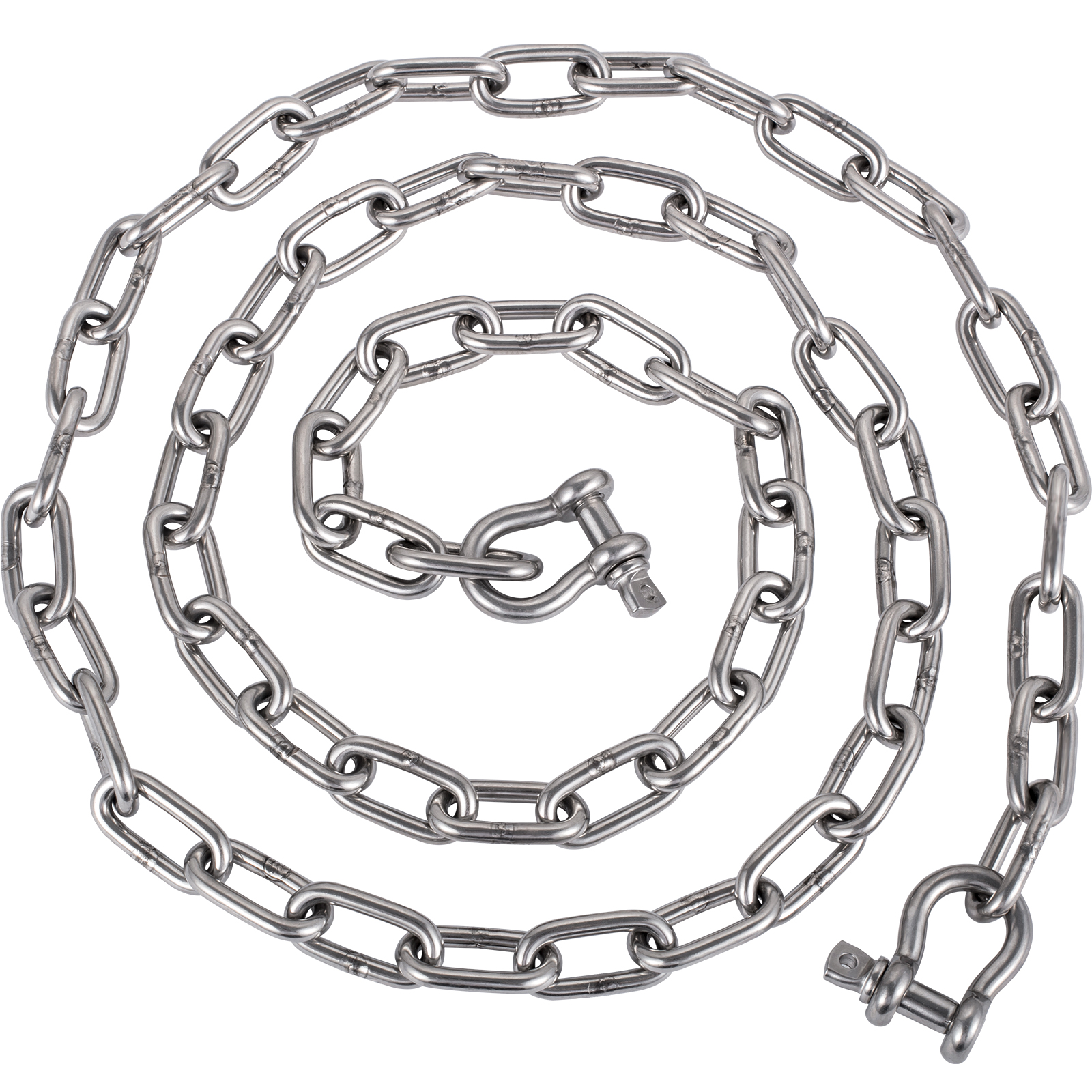 VEVOR anchor chain in stainless steel, coiled with two shackles attached.