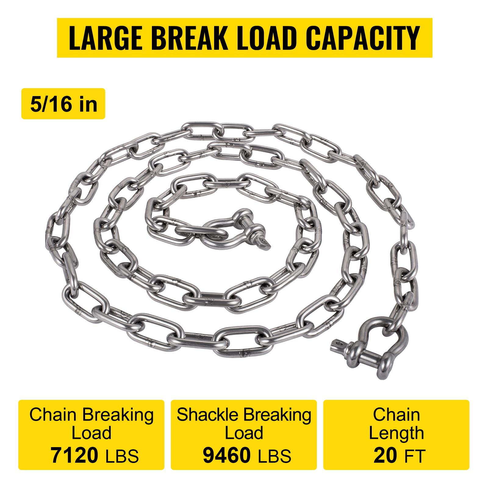 VEVOR anchor chain with large break load capacity, 5/16 in, 20 ft, 7120 lbs