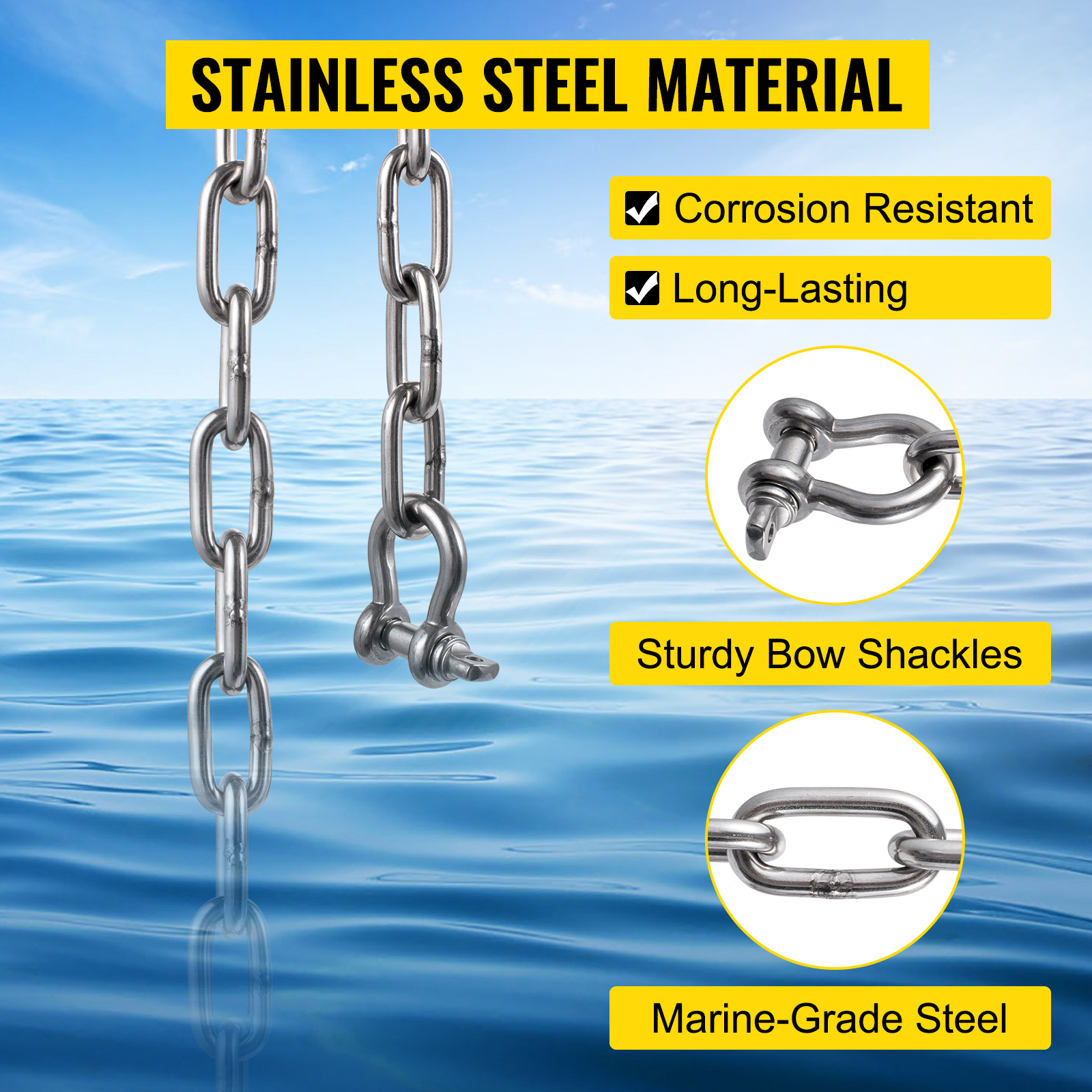 VEVOR anchor chain, corrosion-resistant stainless steel with sturdy bow shackles.