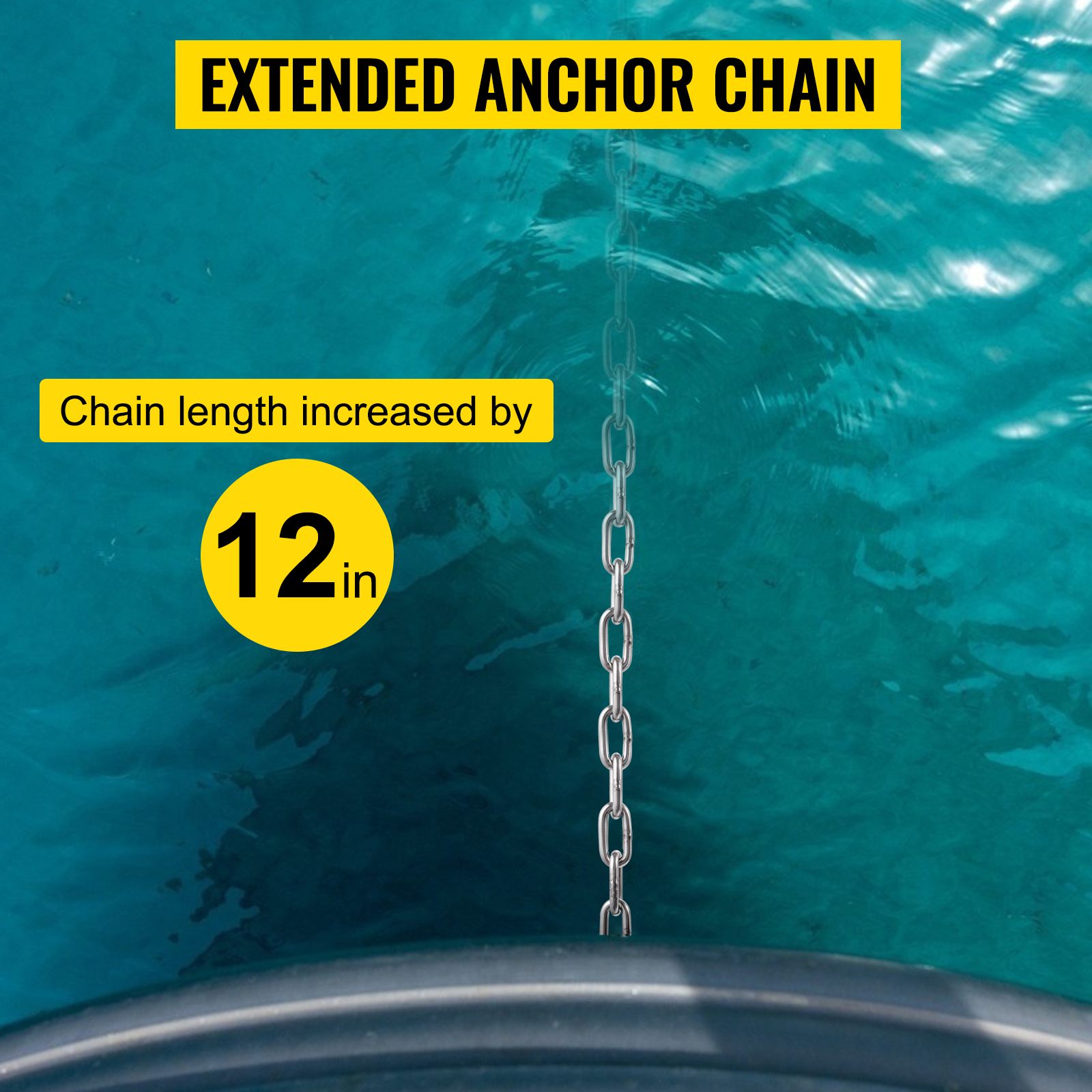 VEVOR anchor chain extending 12 inches in turquoise water.