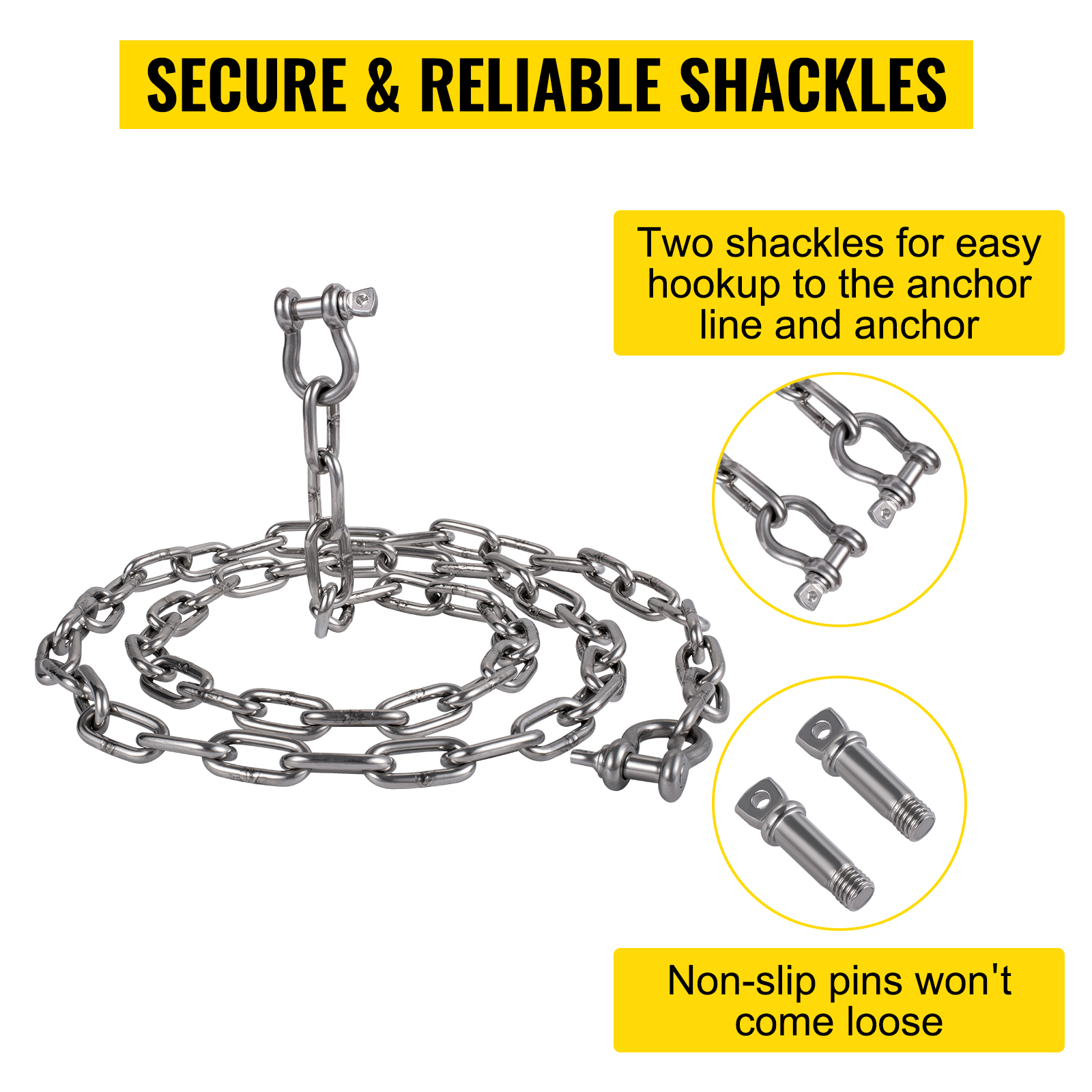 VEVOR anchor chain with secure shackles and non-slip pins for reliable anchoring.