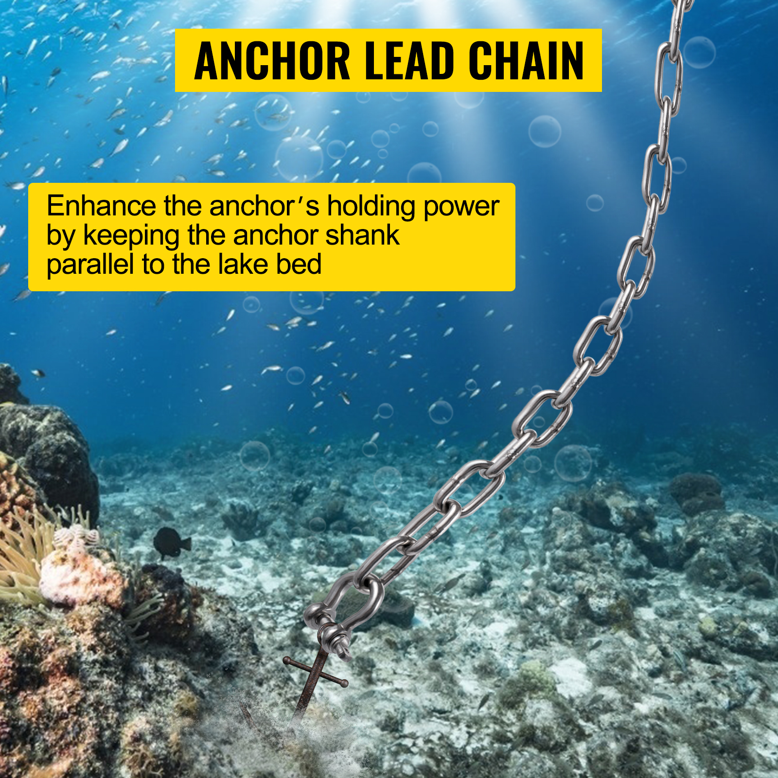 VEVOR anchor chain underwater, securing anchor on the lake bed, text overlayed.