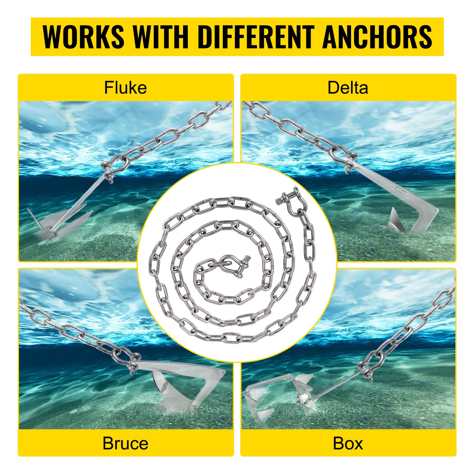 VEVOR anchor chain compatible with fluke, delta, bruce, and box anchors.