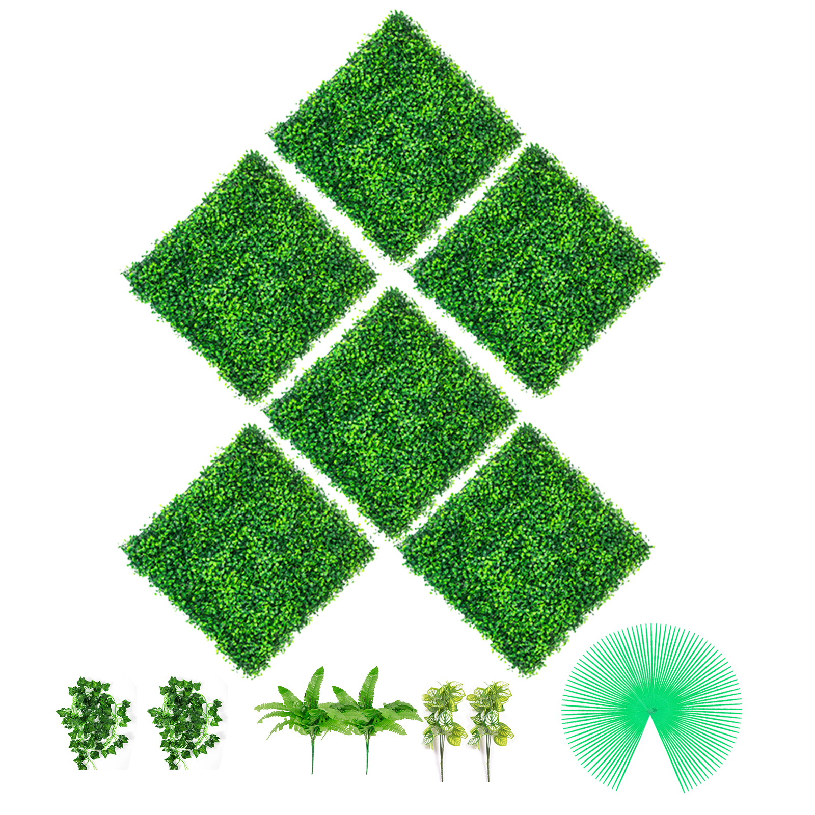 VEVOR artificial boxwood panels with foliage, ferns, and green planting tools.