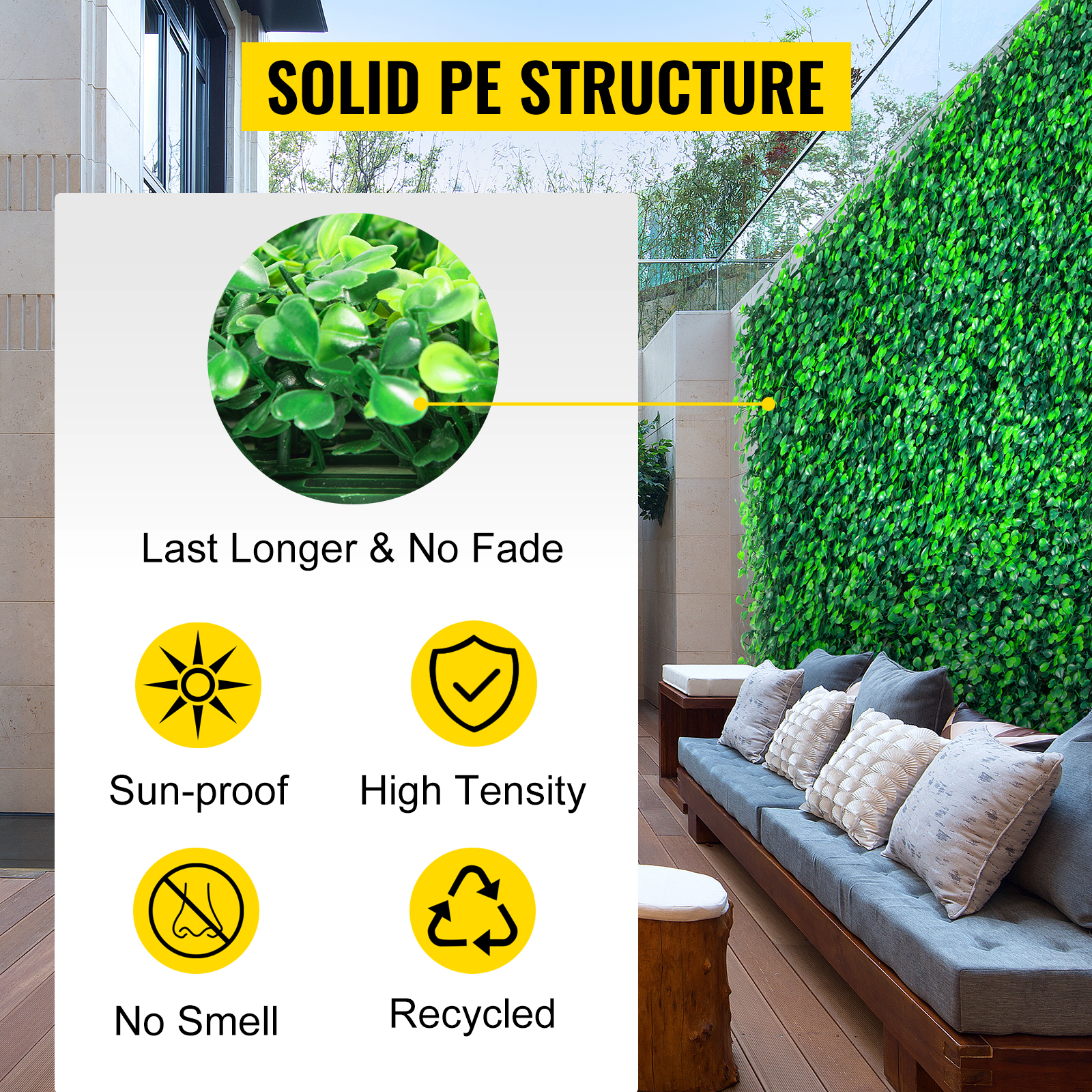 solid pe structure, sun-proof VEVOR artificial boxwood panels, high tensile strength.