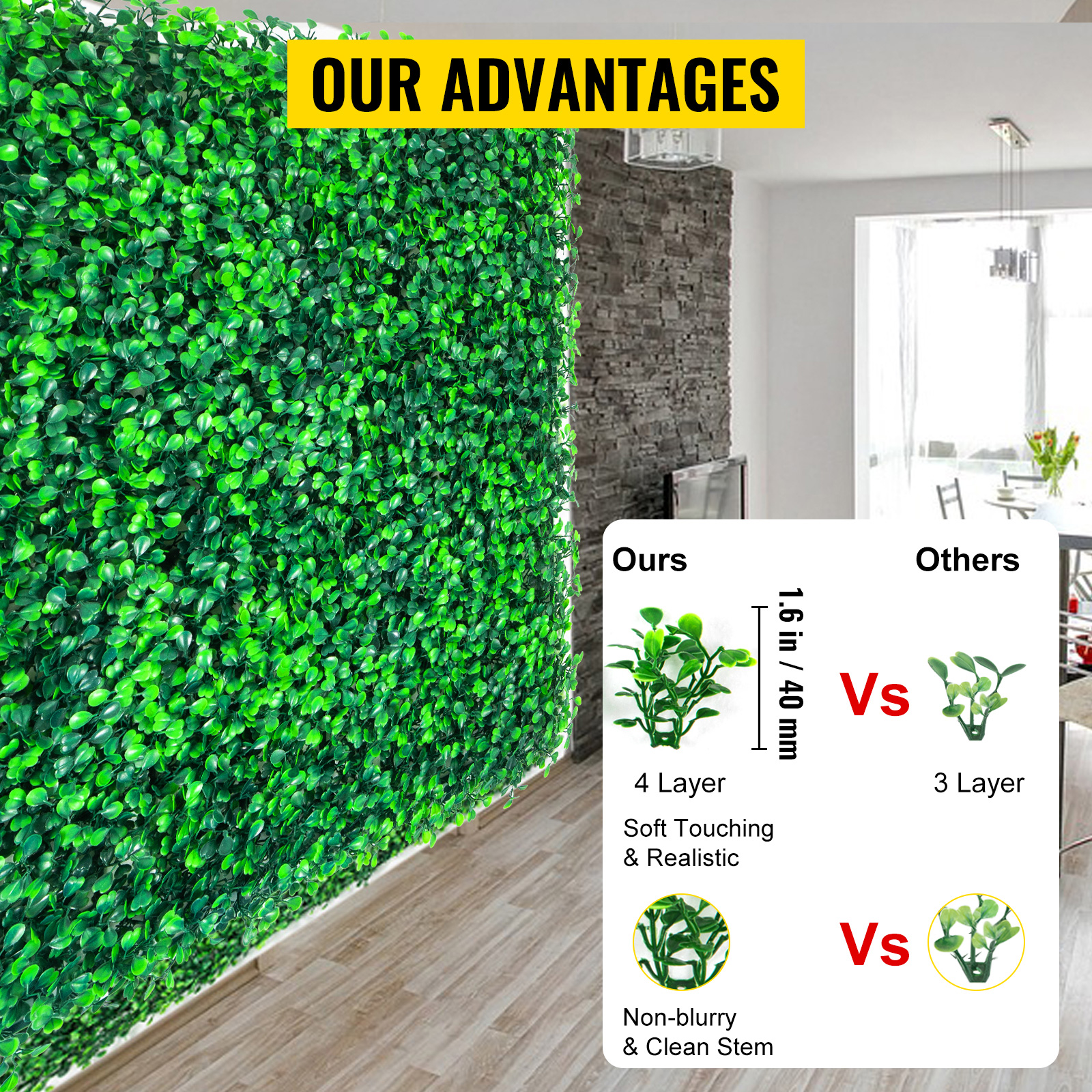 VEVOR artificial boxwood panels, 4-layer realistic greenery in modern living room.
