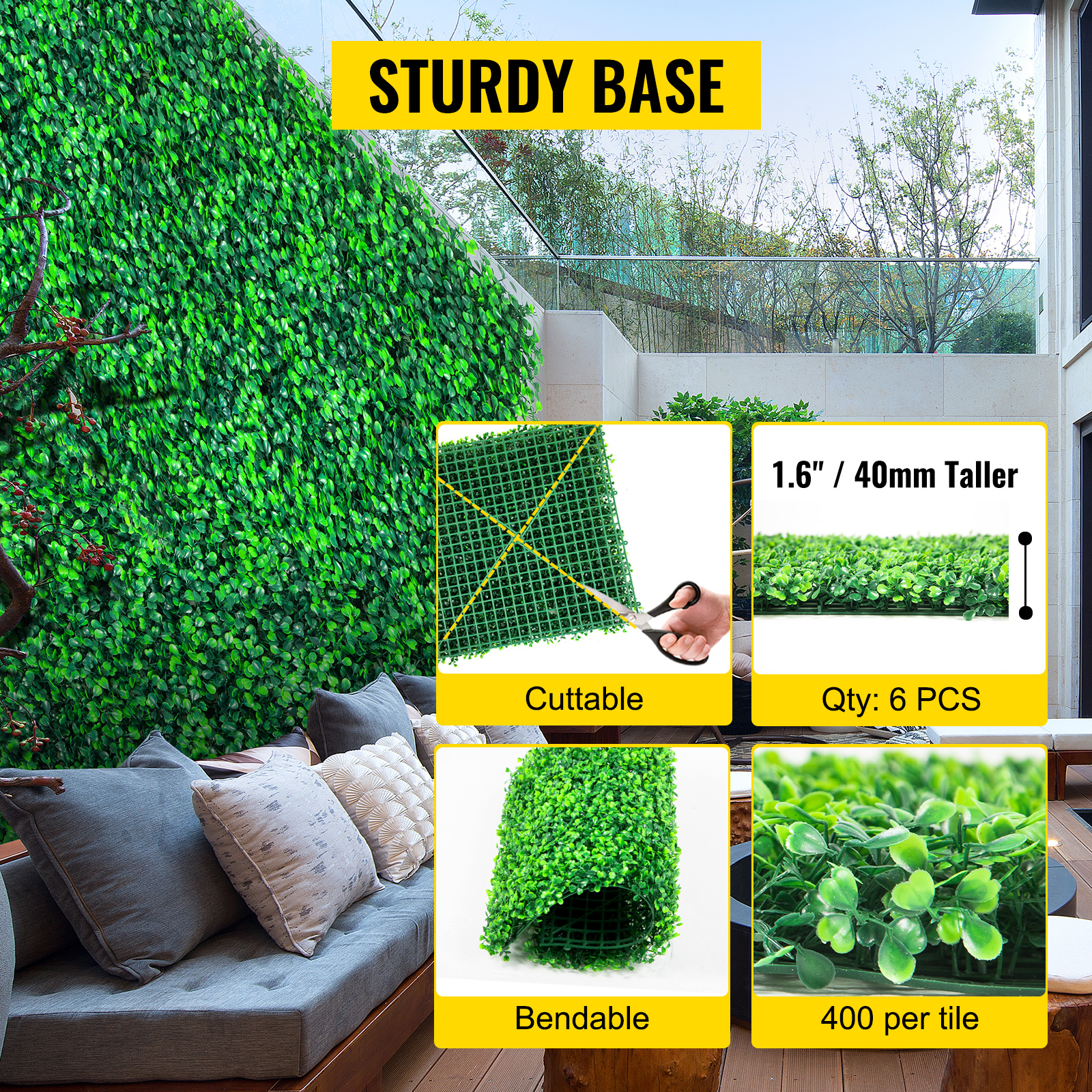 VEVOR artificial boxwood panels: cuttable, bendable, and tall with a sturdy base.