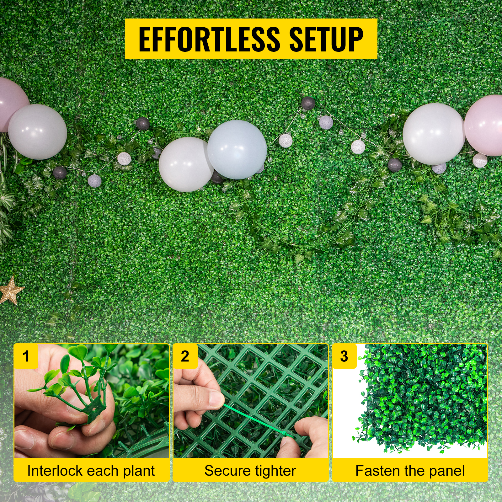 VEVOR artificial boxwood panels backdrop with balloons and step-by-step setup guide.