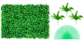 VEVOR artificial boxwood panel with lush green foliage and tropical leaves.