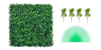 VEVOR artificial boxwood panels with decorative stakes and green plastic anchors.