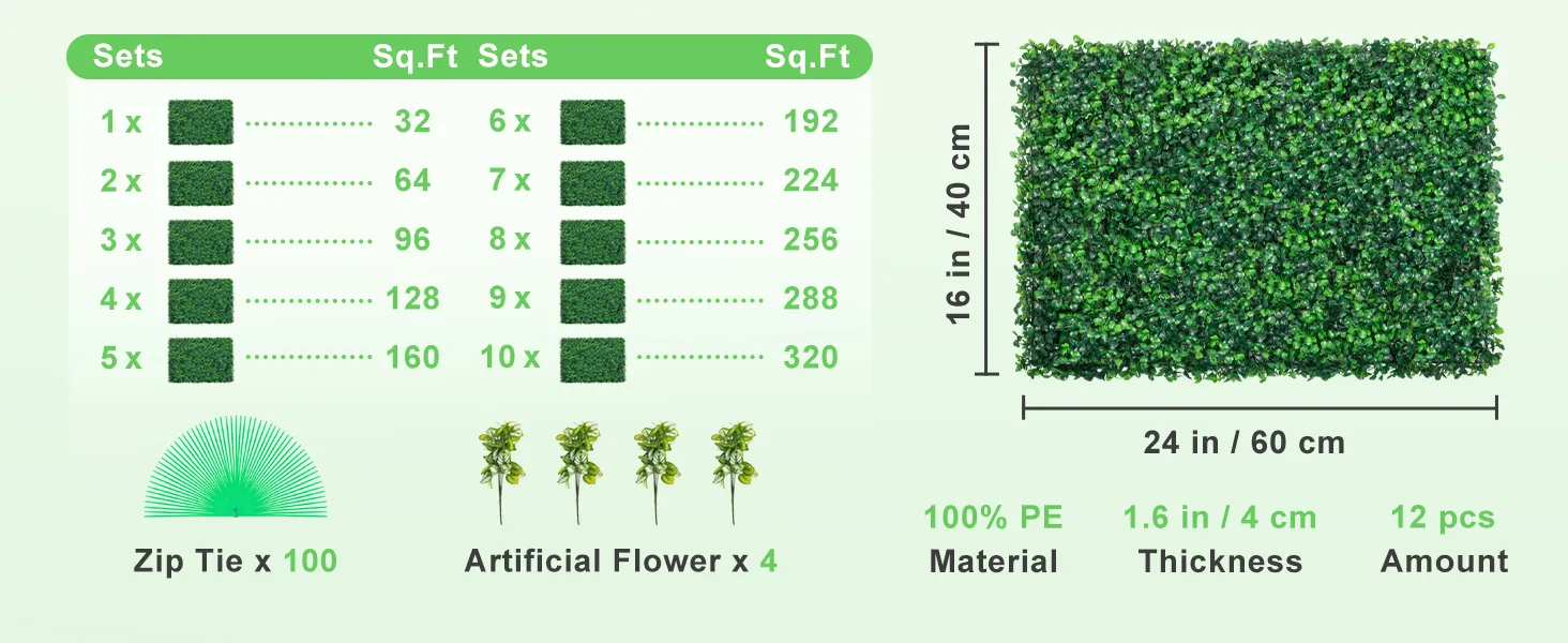 VEVOR grass wall panels in various set sizes, 16in x 24in, 100 zip ties, 4 artificial flowers.