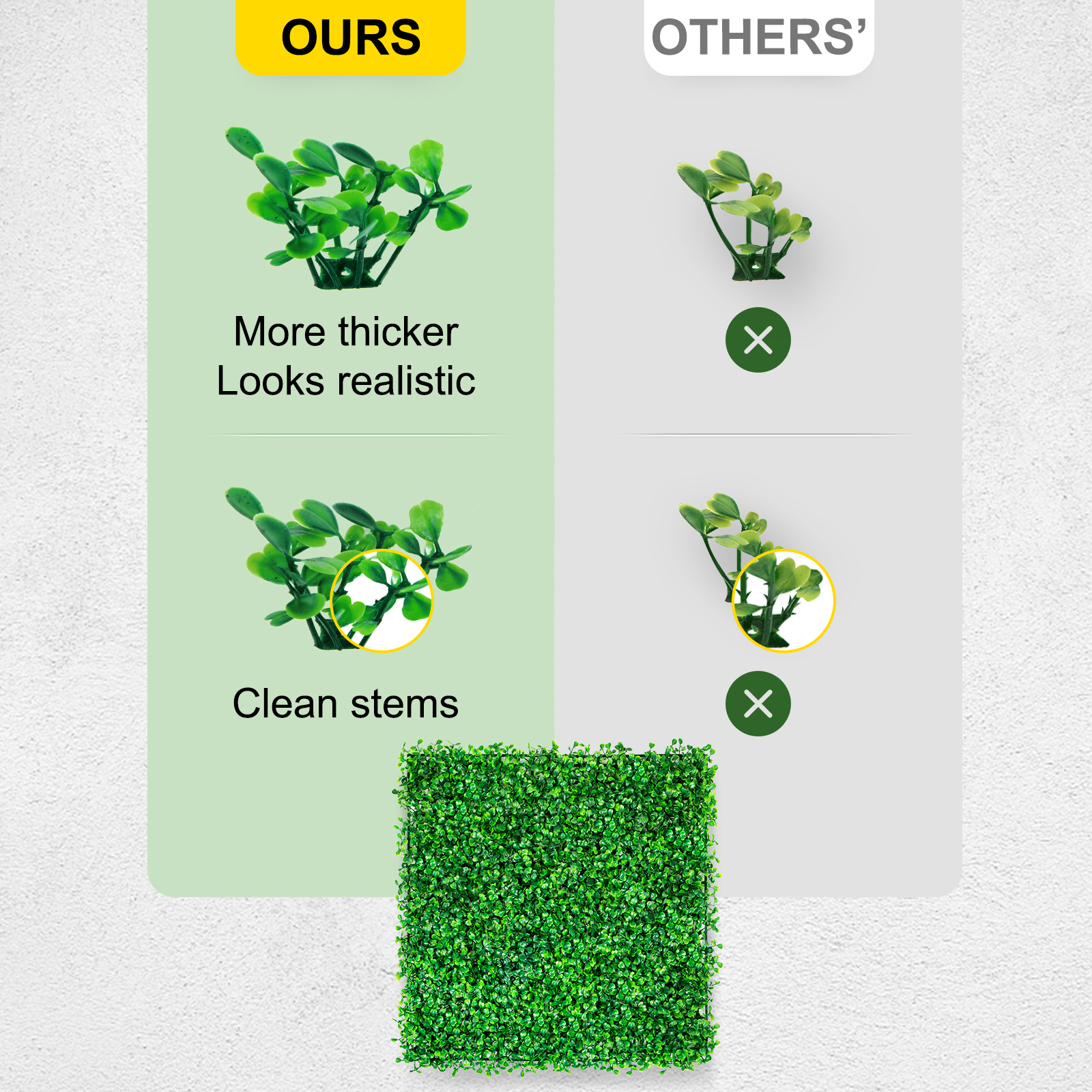 VEVOR artificial boxwood panel vs competitors showing thicker, realistic leaves and clean stems.