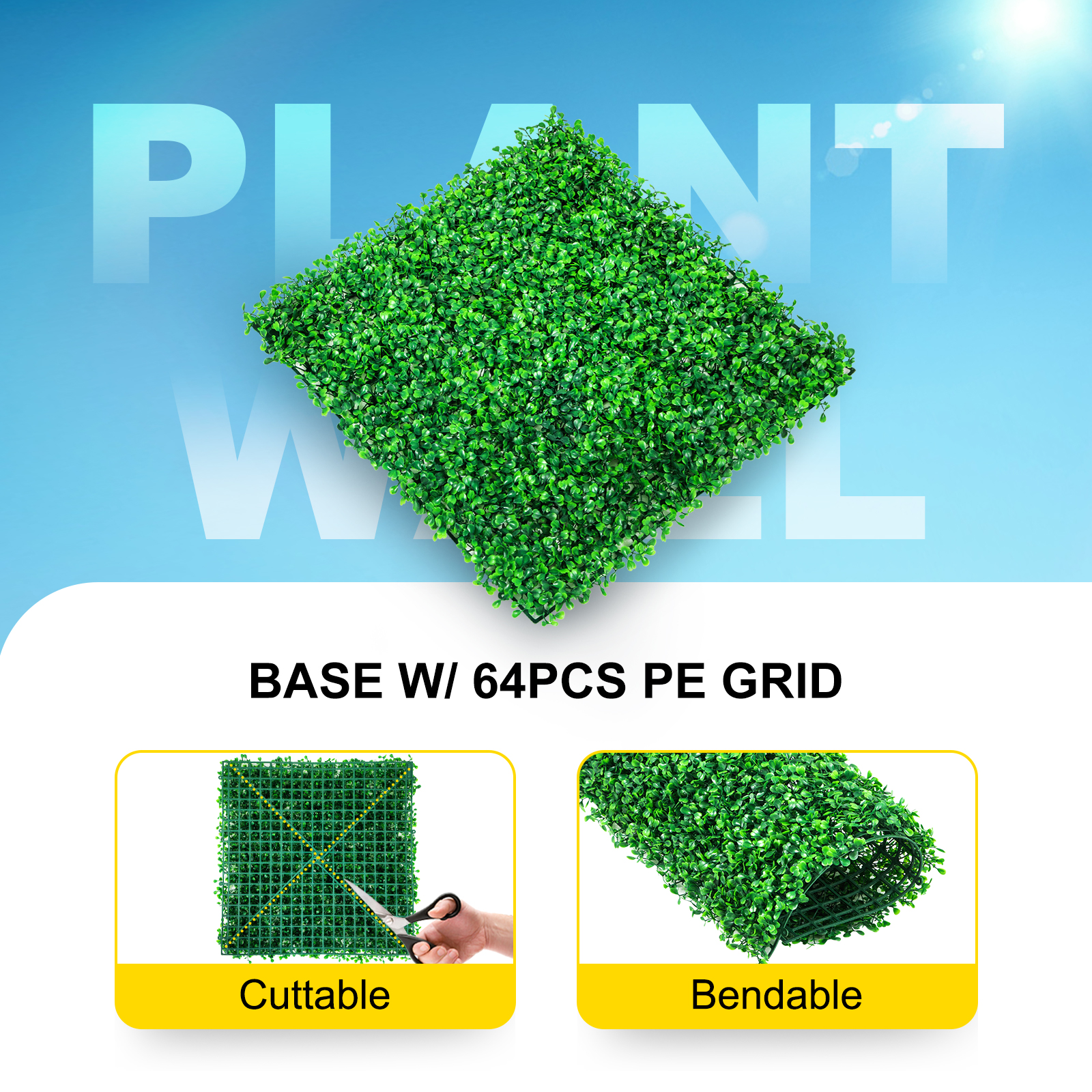 VEVOR artificial boxwood panel with 64pcs pe grid, cuttable and bendable.