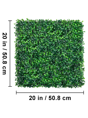 VEVOR mākslīgā buksuss panelis ar izmēriem 20 collas/50,8 cm × 20 collas/50,8 cm.