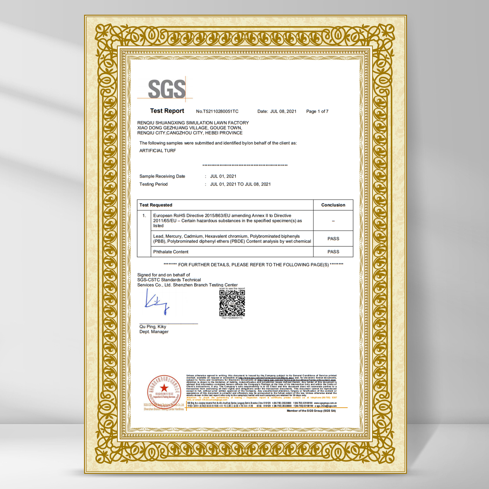 sgs testa ziņojums par VEVOR mākslīgā buksusa paneli ar zelta rāmja apmali.