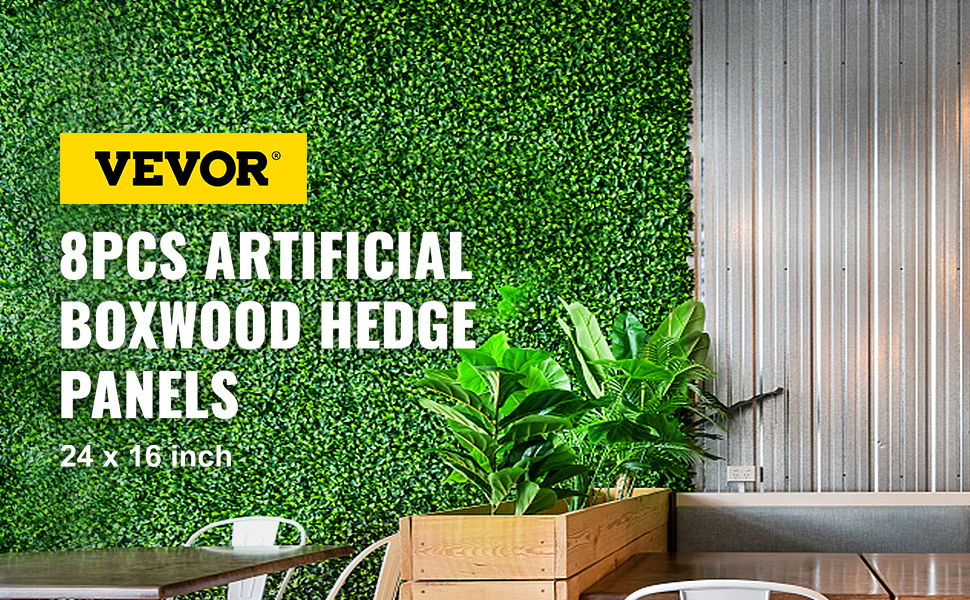 VEVOR artificial boxwood panel used as green wall decor with modern furniture.