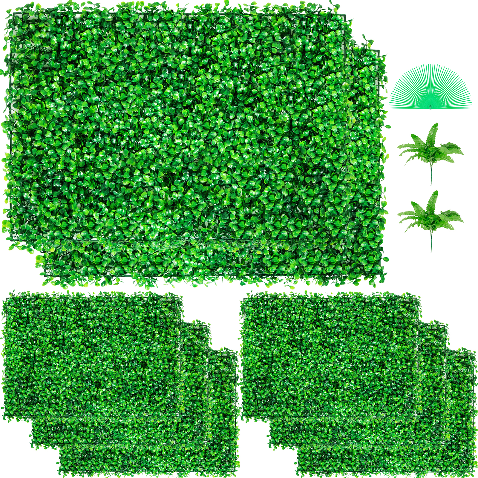 green VEVOR artificial boxwood panels with ferns and grass accessories.