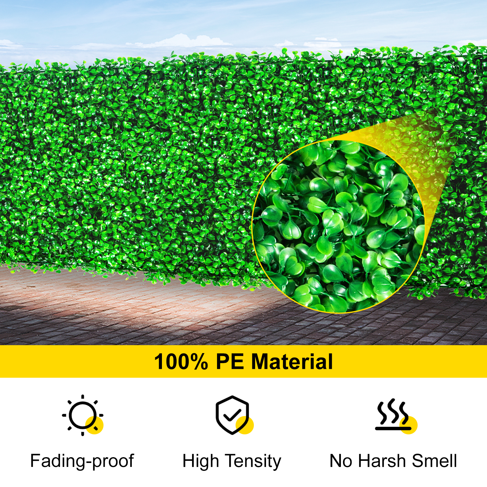 VEVOR artificial boxwood panel, 100% pe, fading-proof, high-tensity, no harsh smell.