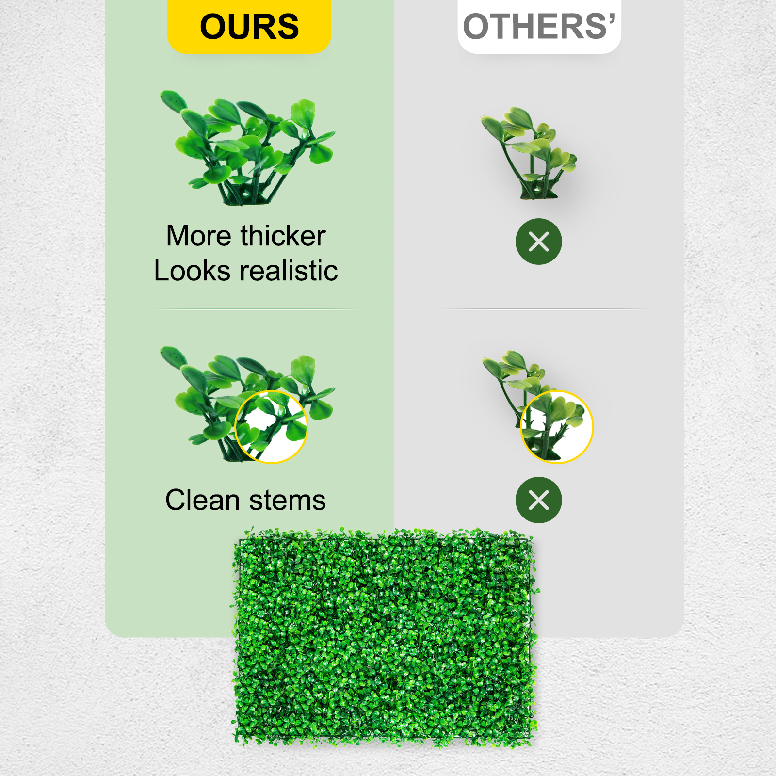 comparison of VEVOR artificial boxwood panel and other products showing realism and clean stems.