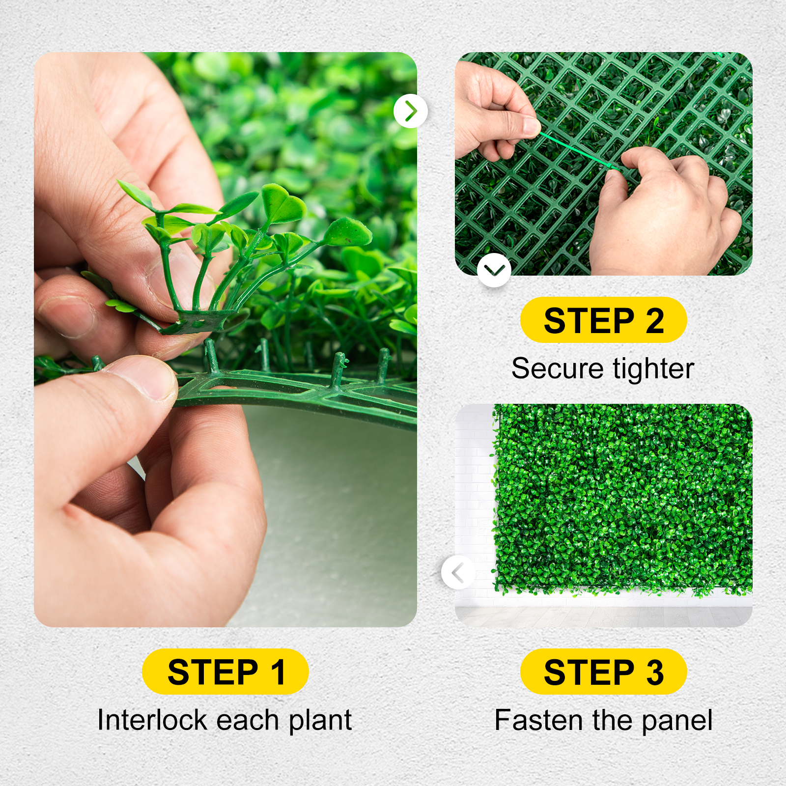 VEVOR artificial boxwood panel assembly steps: interlock, secure tighter, and fasten panel.