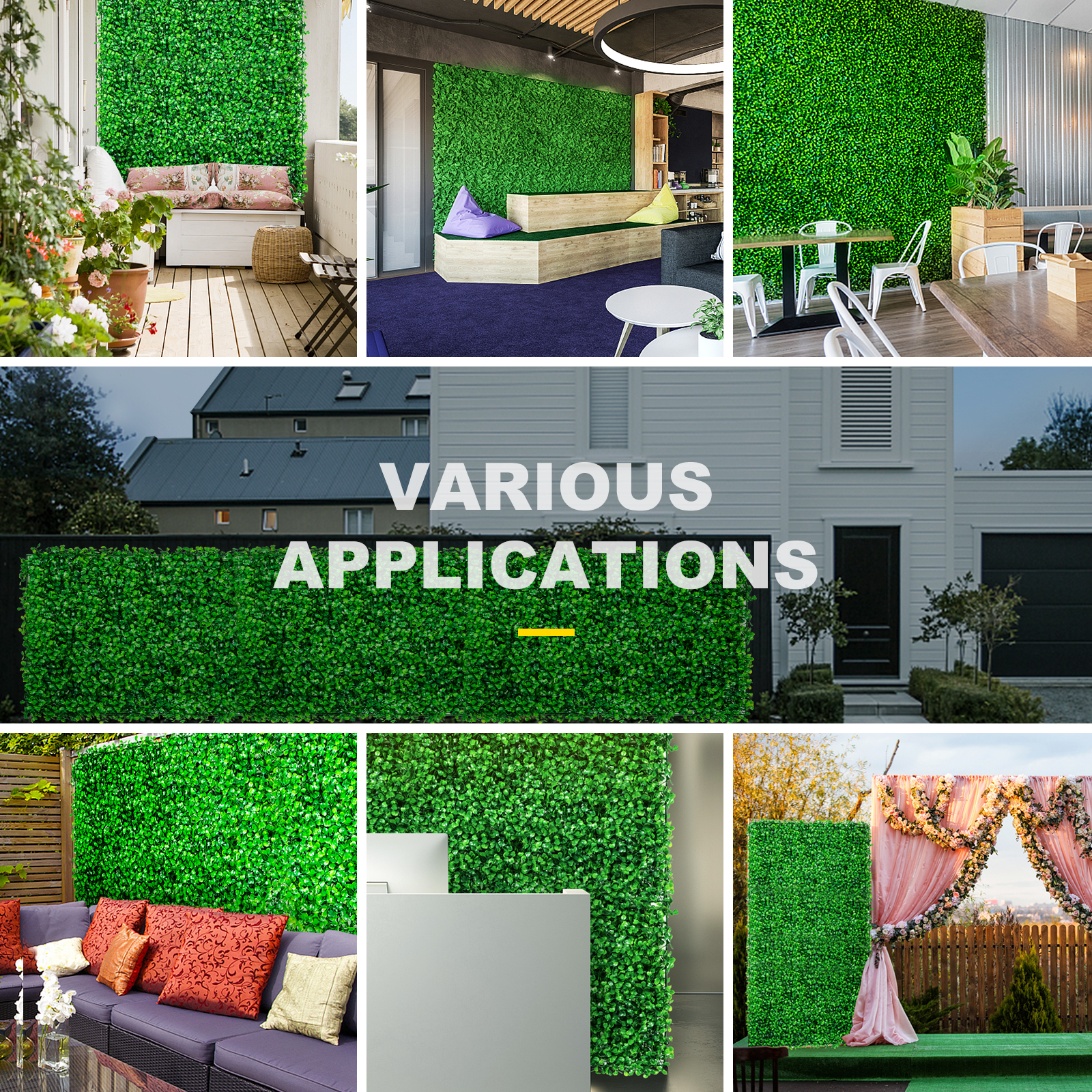 VEVOR artificial boxwood panel showcasing various indoor and outdoor applications.