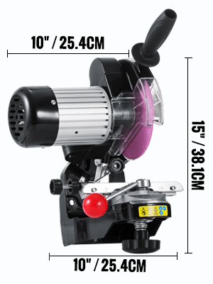 VEVOR electric chainsaw sharpener with dimensions in centimeters.