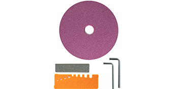VEVOR electric chainsaw sharpener parts: grinding wheel, file, ruler, hex keys.